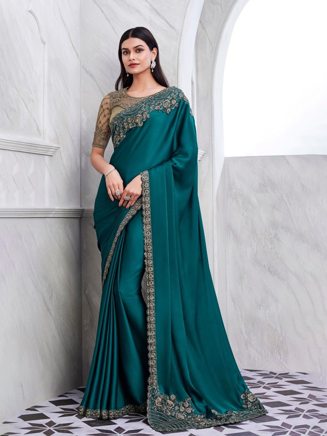 

Reboot Fashions Embroidered Pure Chiffon Saree, Teal