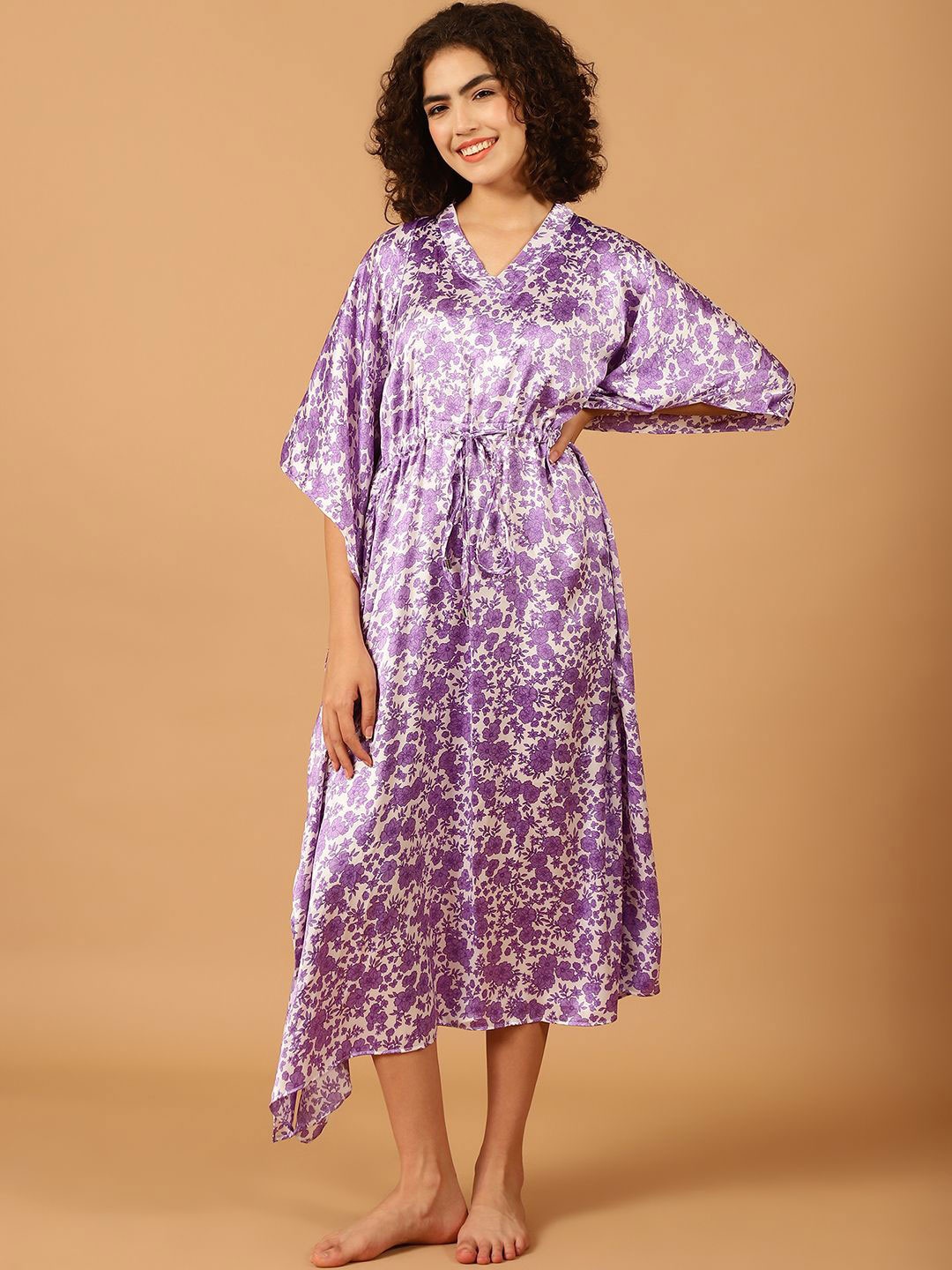 

Blissence Women Floral Printed V-Neck Kaftan Nightdress, Purple