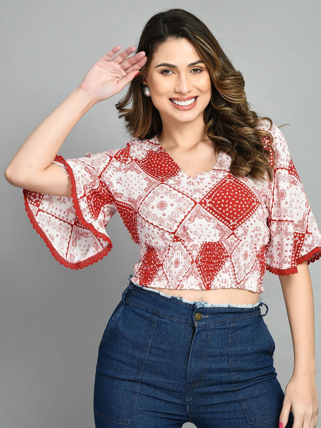 

all about you Print Bell Sleeve Ethnic Blouson Crop Top, White