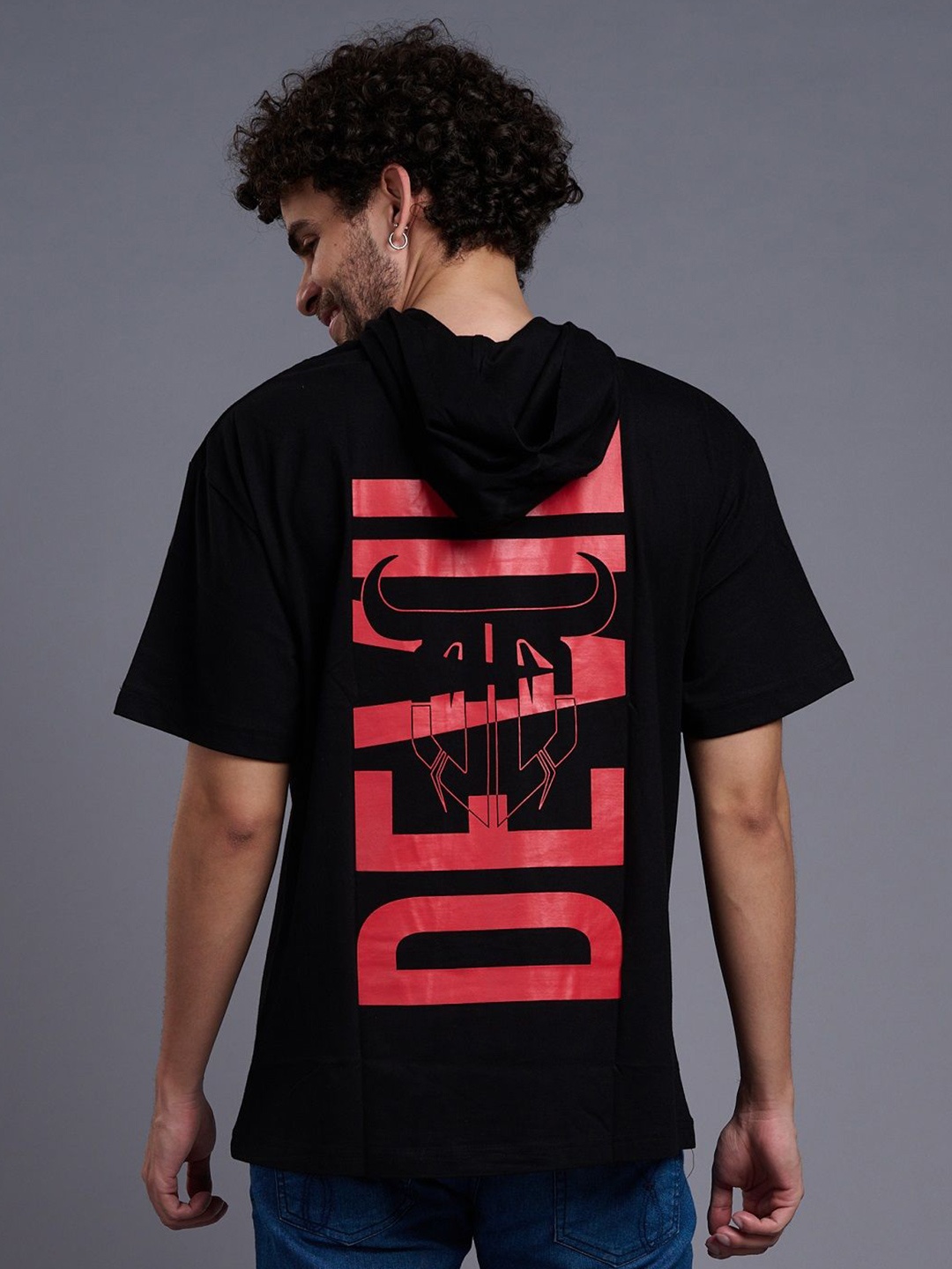 

GO DEVIL Men Striped Hooded Applique T-shirt, Black