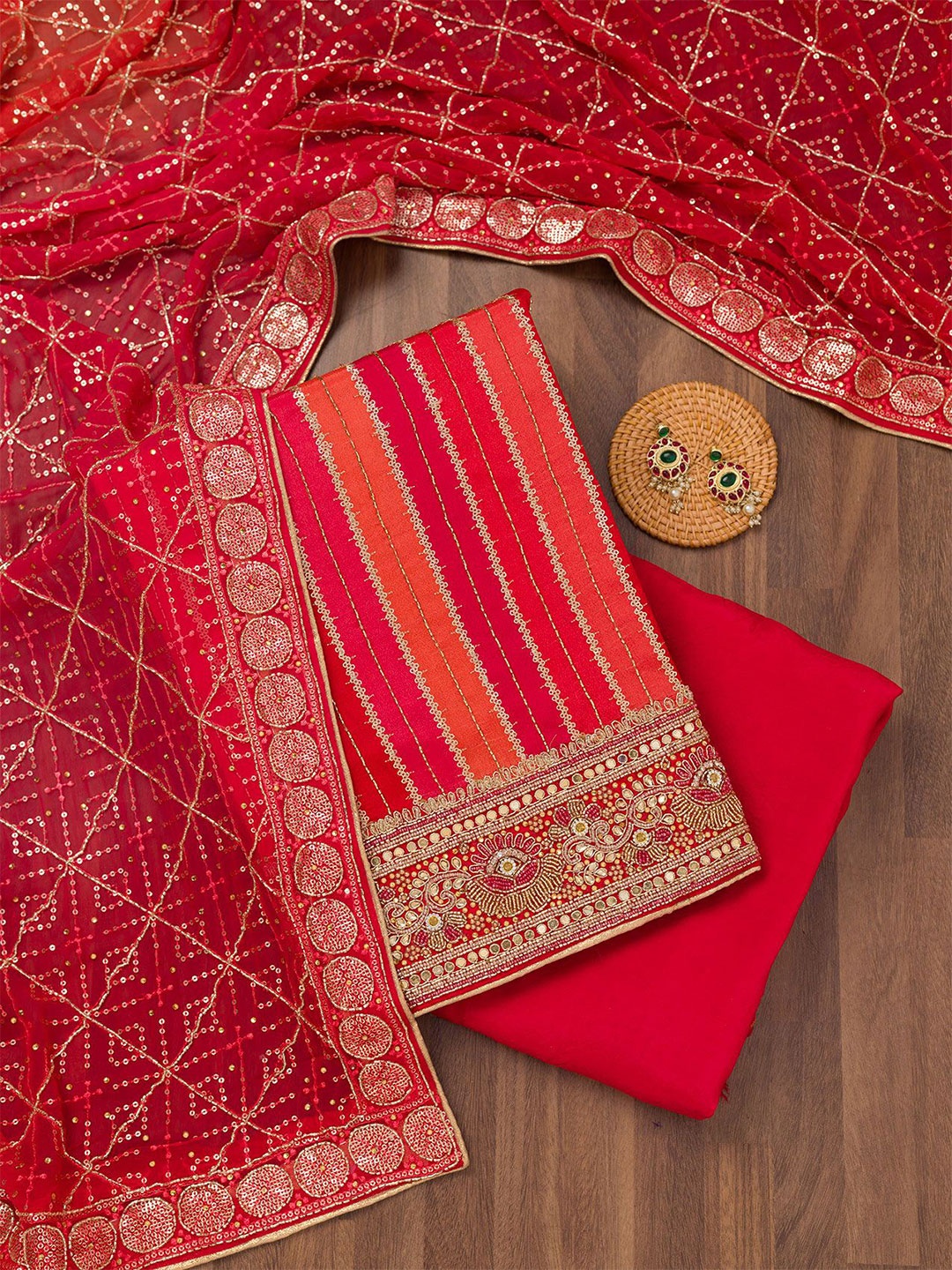 

Koskii Embroidered Unstitched Dress Material, Red