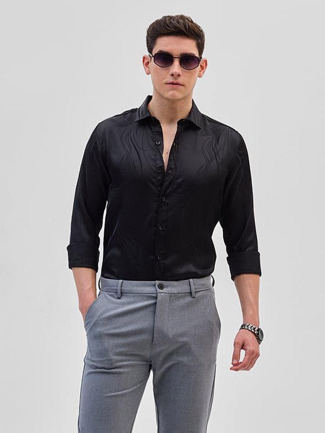 

Snitch Men Smart Spread Collar Textured Slim Fit Formal Shirt, Black