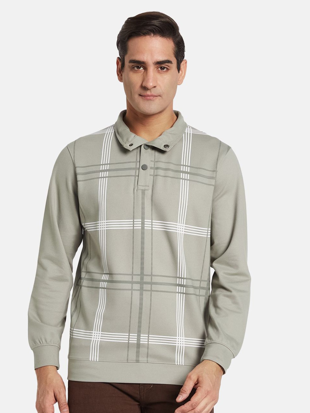 

Octave Men Checked Shirt Collar Sweatshirt, Olive