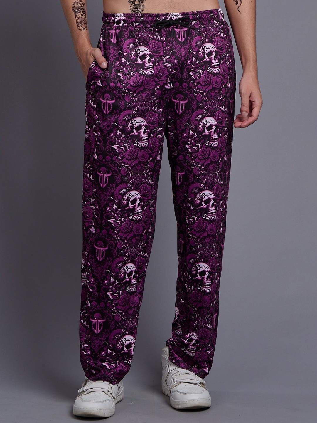 

GO DEVIL Men Floral Printed Original Loose Fit High-Rise Joggers Trousers, Purple