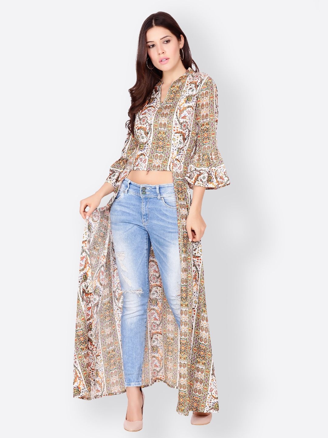 

BAESD Women Ethnic Motifs Print Bell Sleeve Maxi Top, White