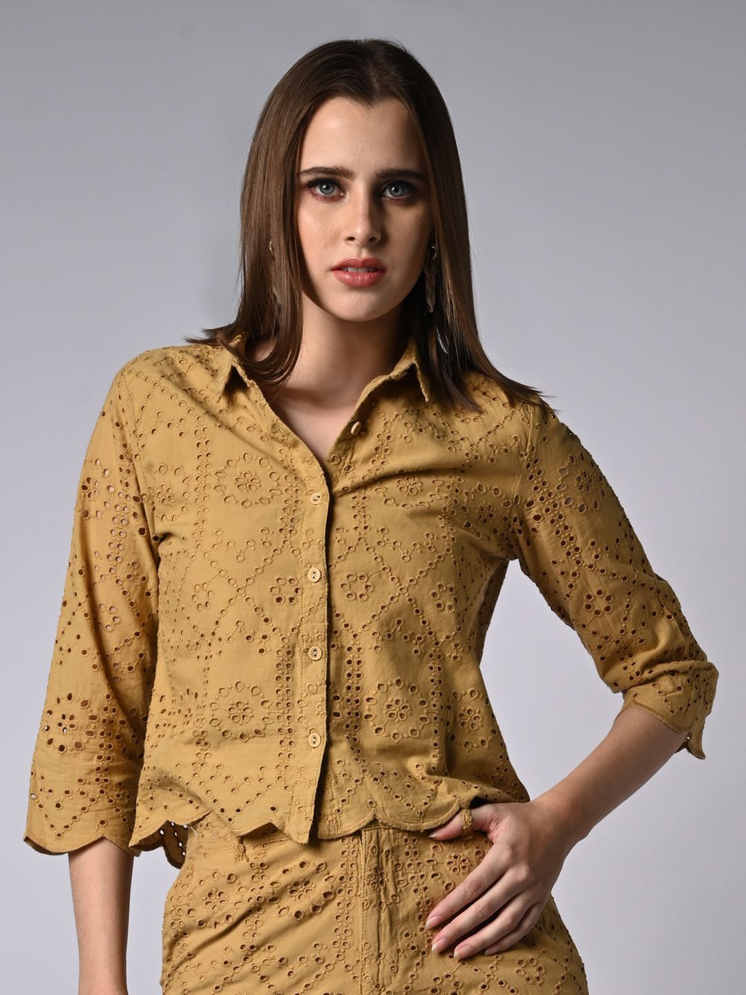 

Kraus Jeans Women Spread Collar Textured Cotton Slim Fit Casual Shirt, Mustard