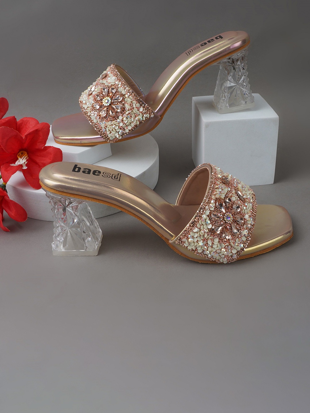 

BAESD Women Ethnic - Embellished Square Toe Open Back Party Block Sandals, Peach