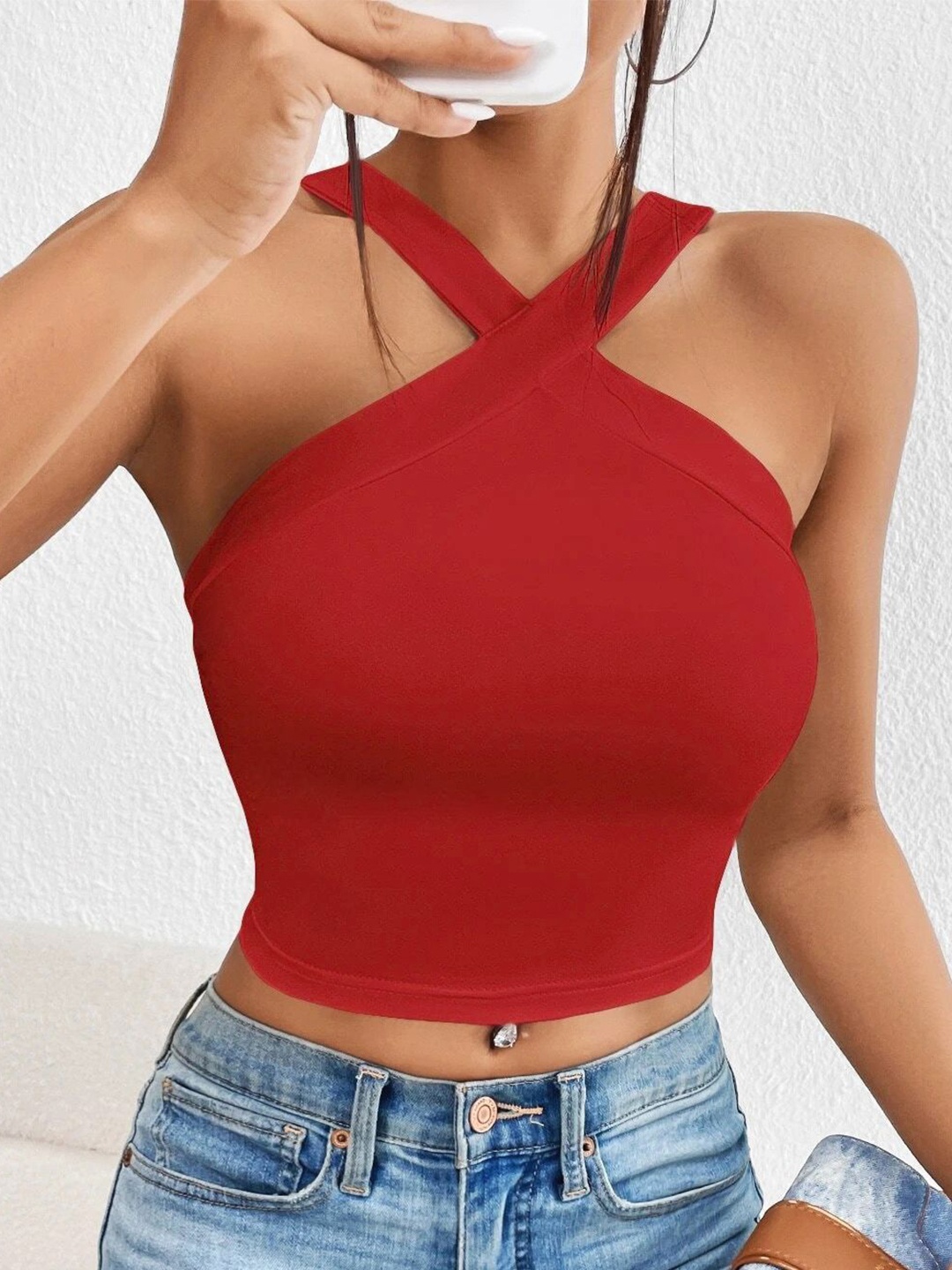 

Stylecast X Slyck Halter Neck Fitted Crop Top, Red