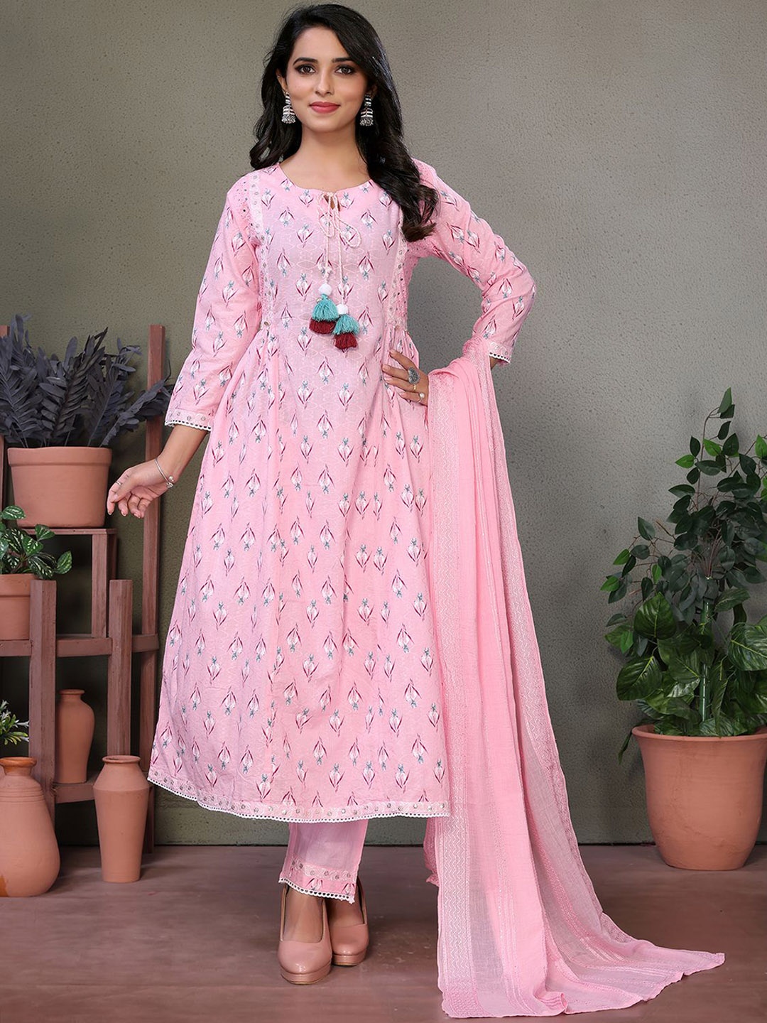 

Rangita Women Ethnic Motifs Embroidered Regular Sequinned Pure Cotton Kurta with Salwar & With Dupatta, Pink