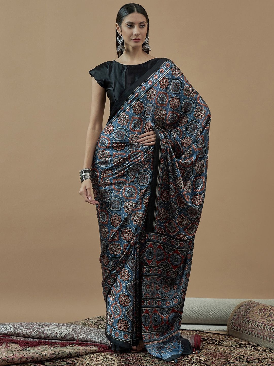 

Saree mall Ajrak Block Poly Crepe Block Print Sarees, Blue