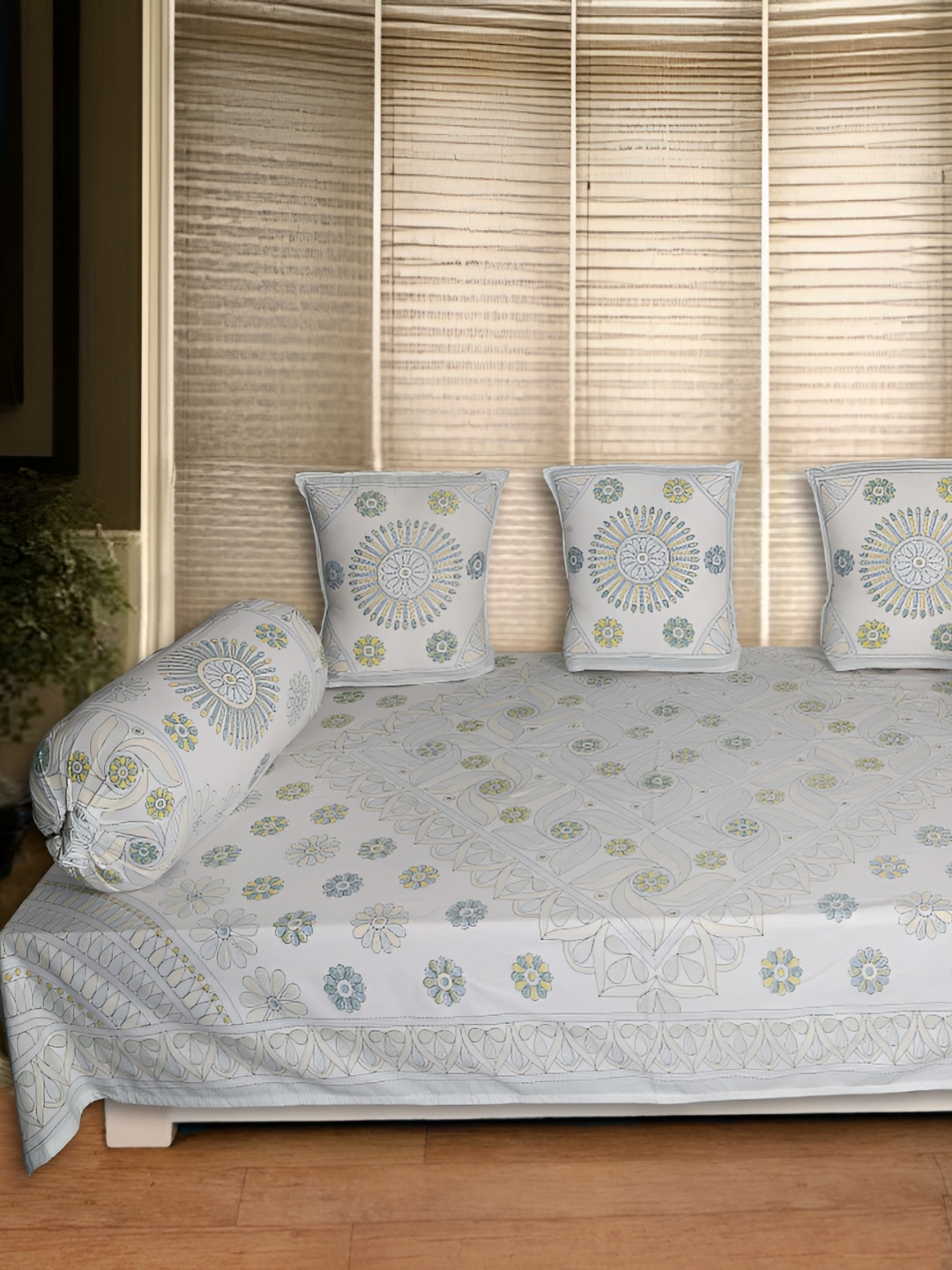 

INDHOME Set Of 6 White & Blue Floral-PrintedDiwanSet