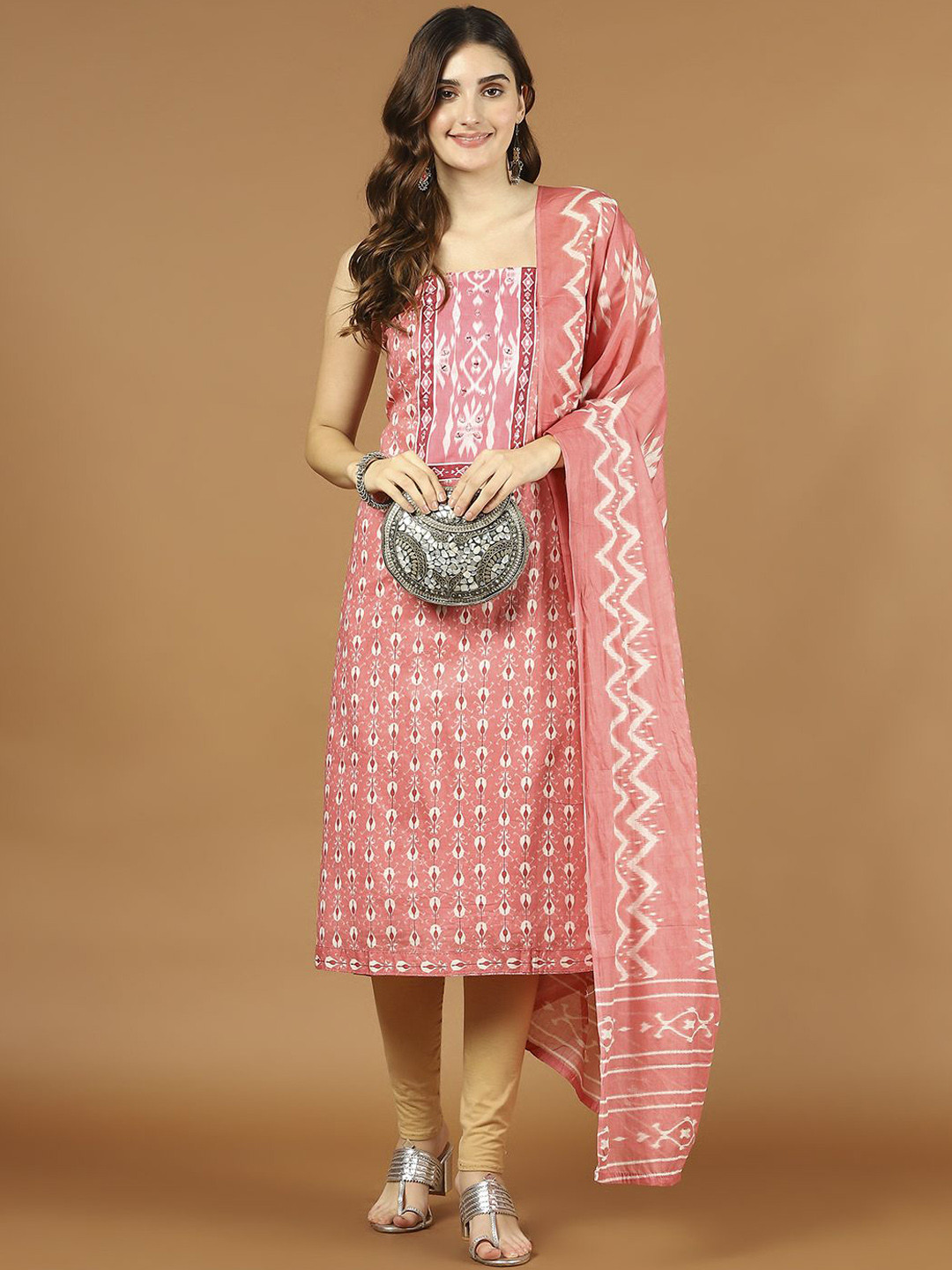 

Meena Bazaar Floral Printed Cotton Unstitched Dress Material, Pink