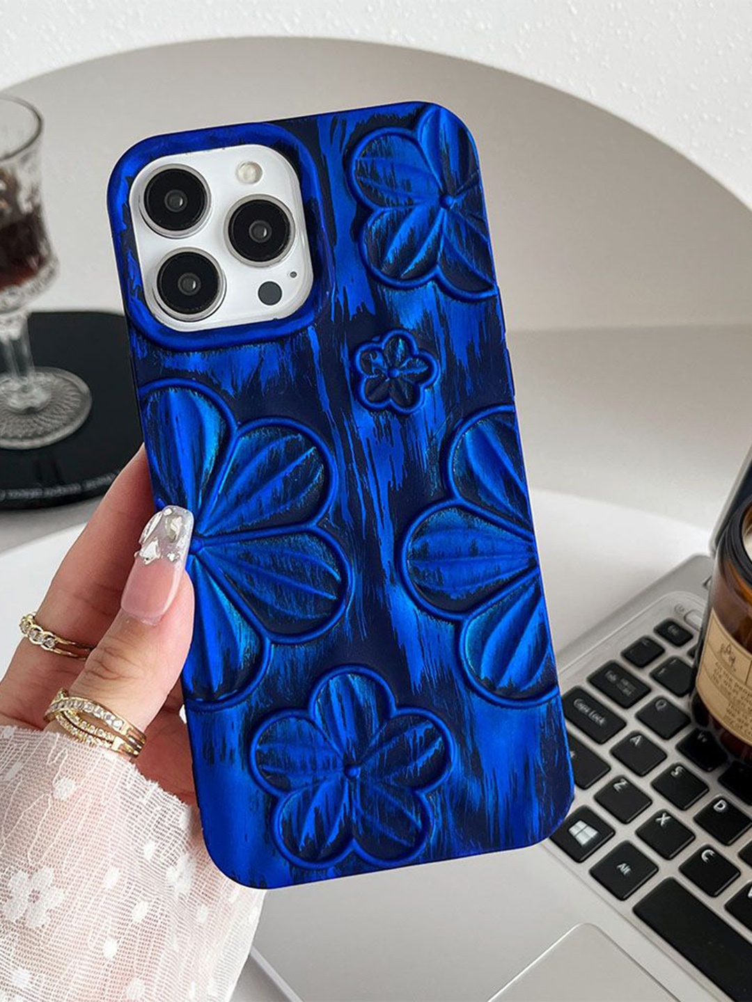 

Luxury Kase Floral Printed iPhone 15 Pro Max Back Case Mobile Accessories, Blue