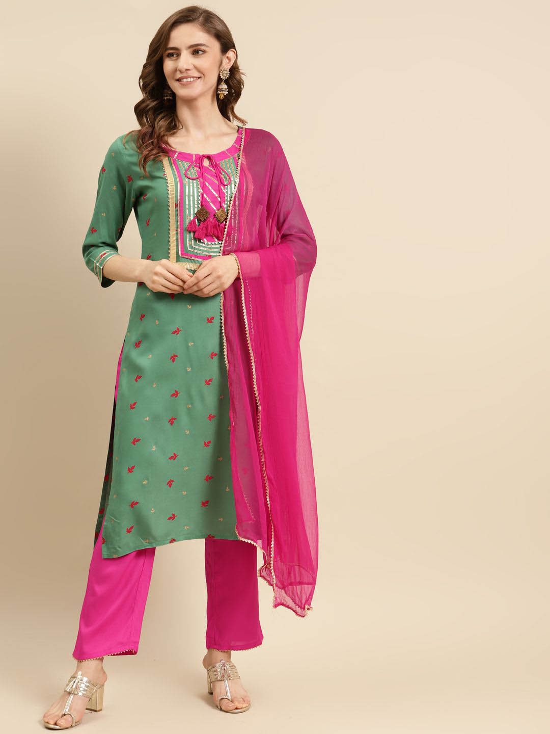 

Prakhya Women Floral Printed Pure Cotton Kurta with Trousers & With Dupatta, Green