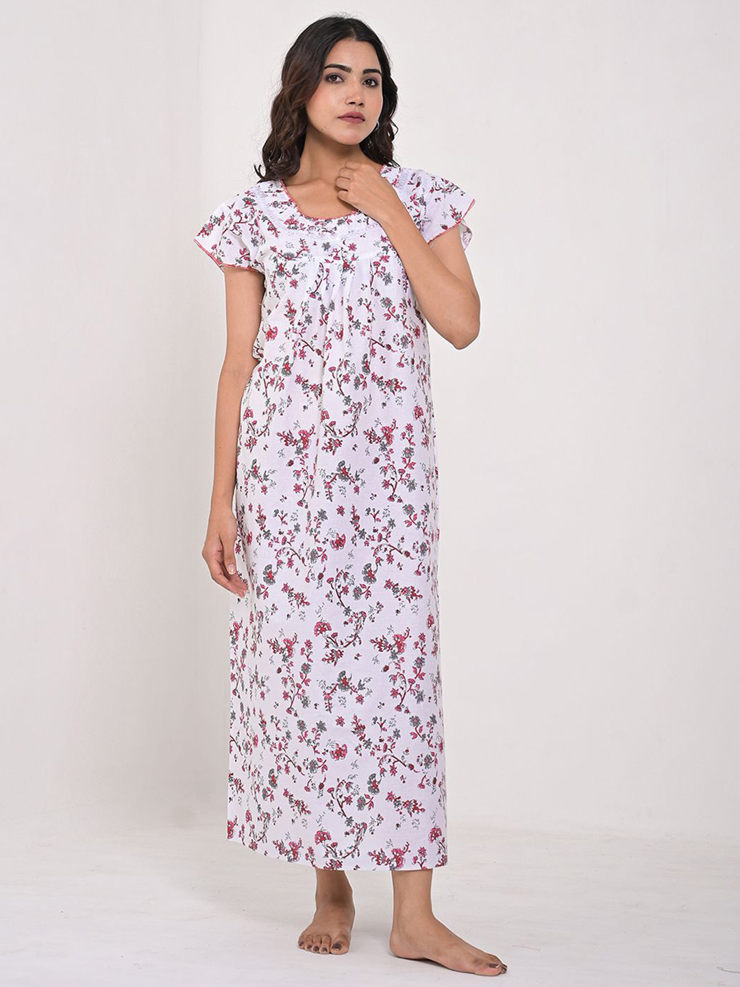 

Apratim Women Pure Cotton Floral Printed Short Sleeves Maxi Nightdress, Pink