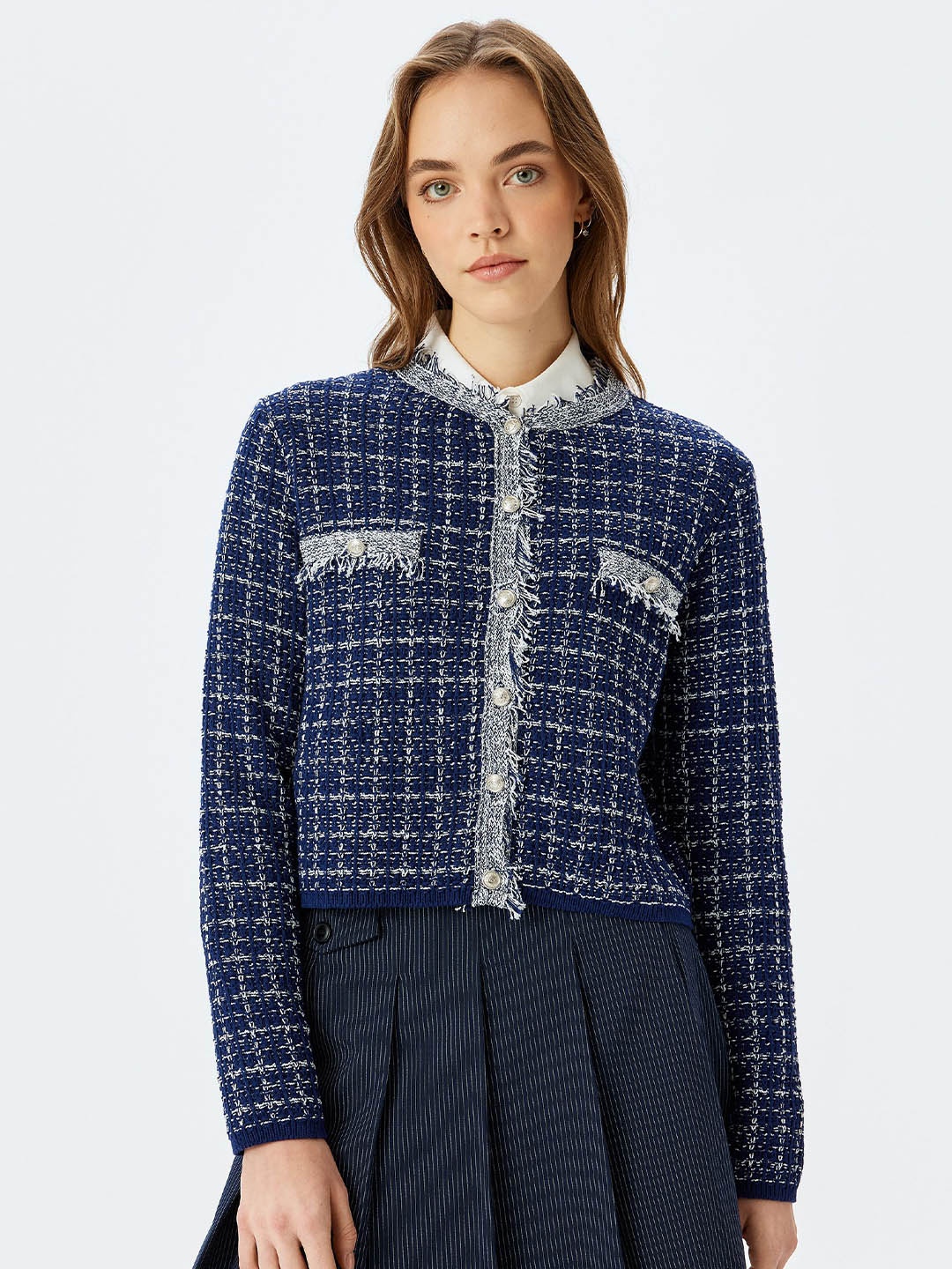 

Koton Women Cotton Checked Knitted Cardigan Sweaters, Blue
