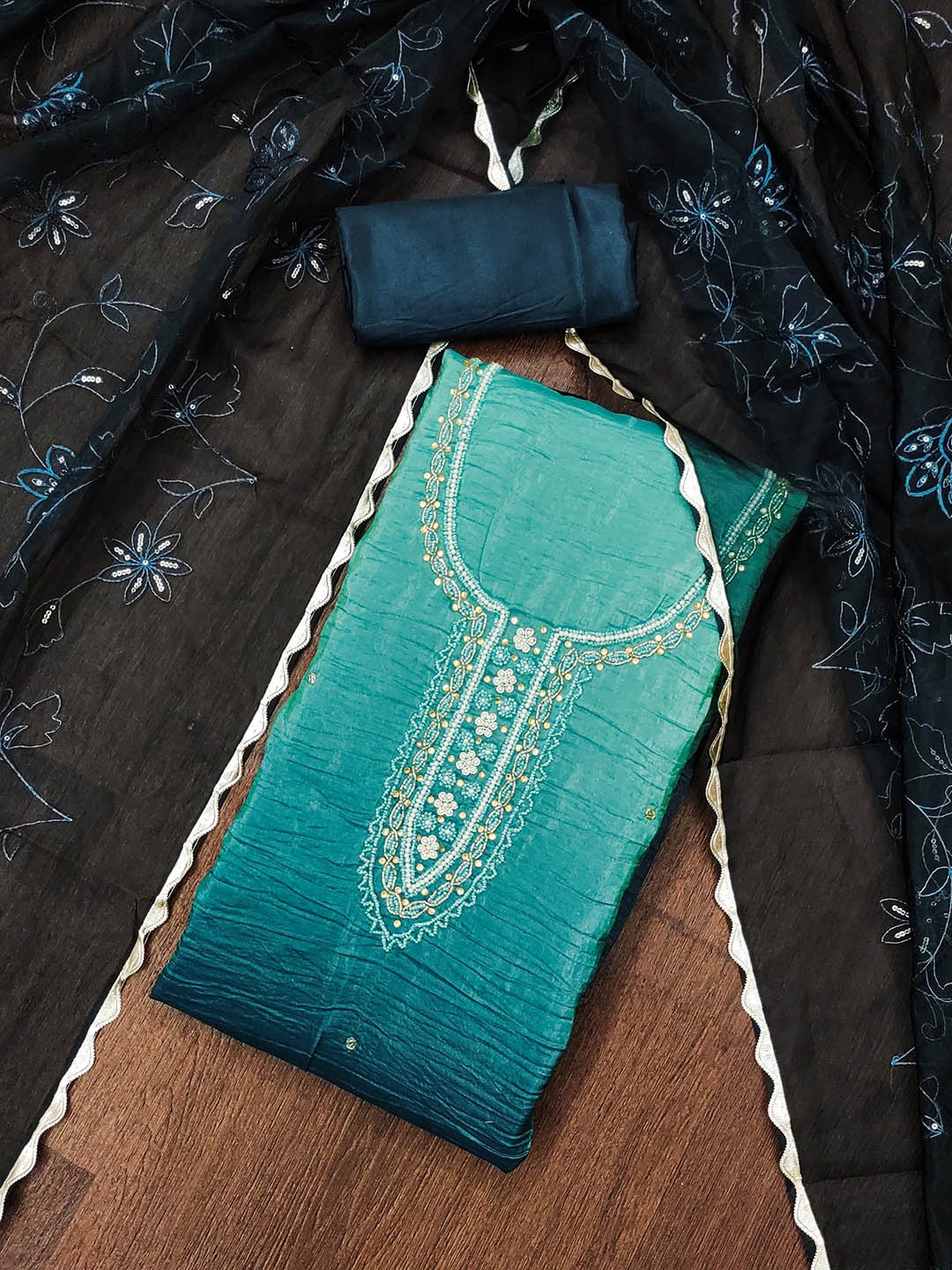 

KALINI Embellished Pure Silk Unstitched Dress Material, Teal