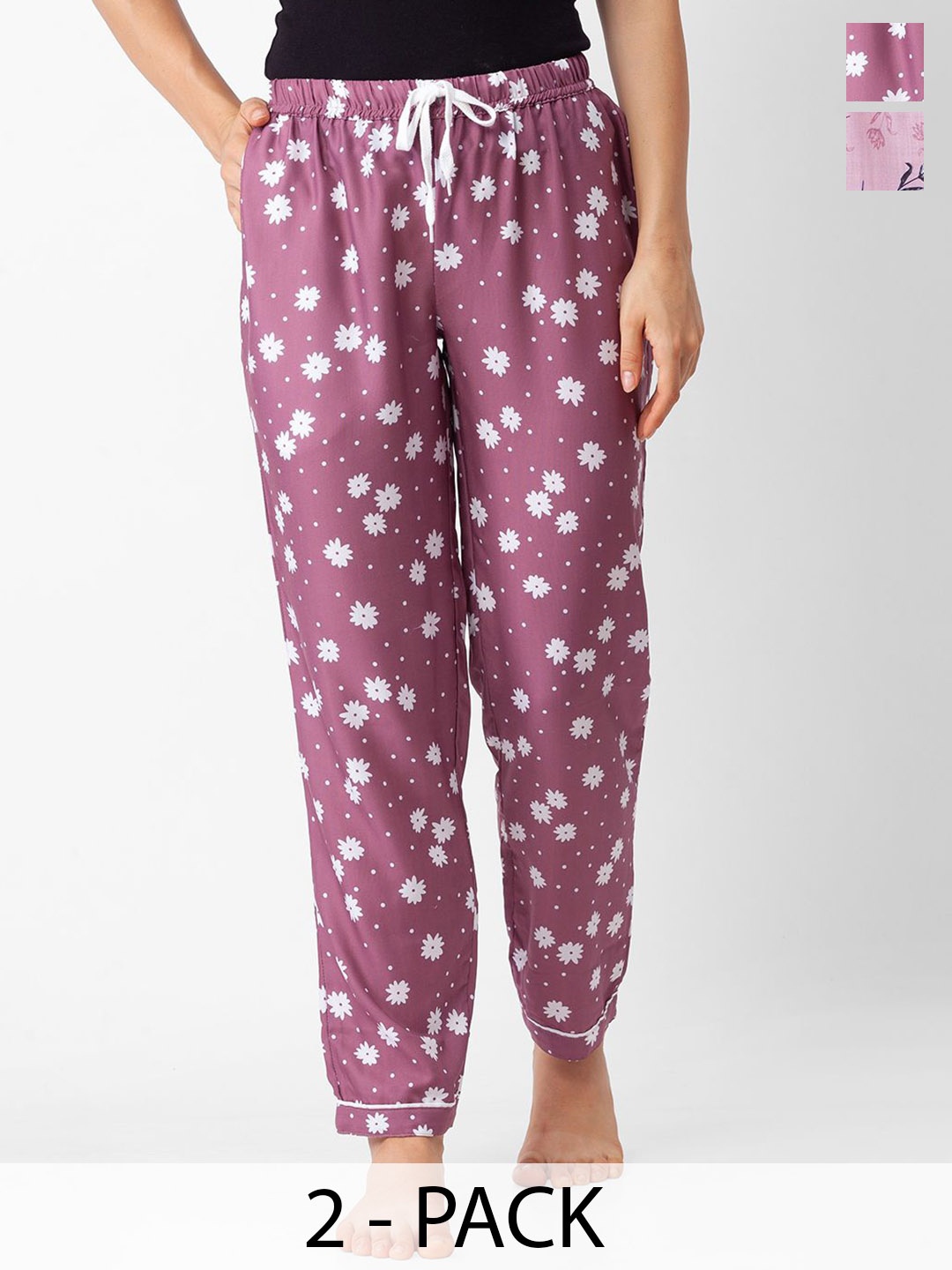 

FashionRack Women Pack of 2 Floral Printed Mid-Rise Pyjamas, Pink