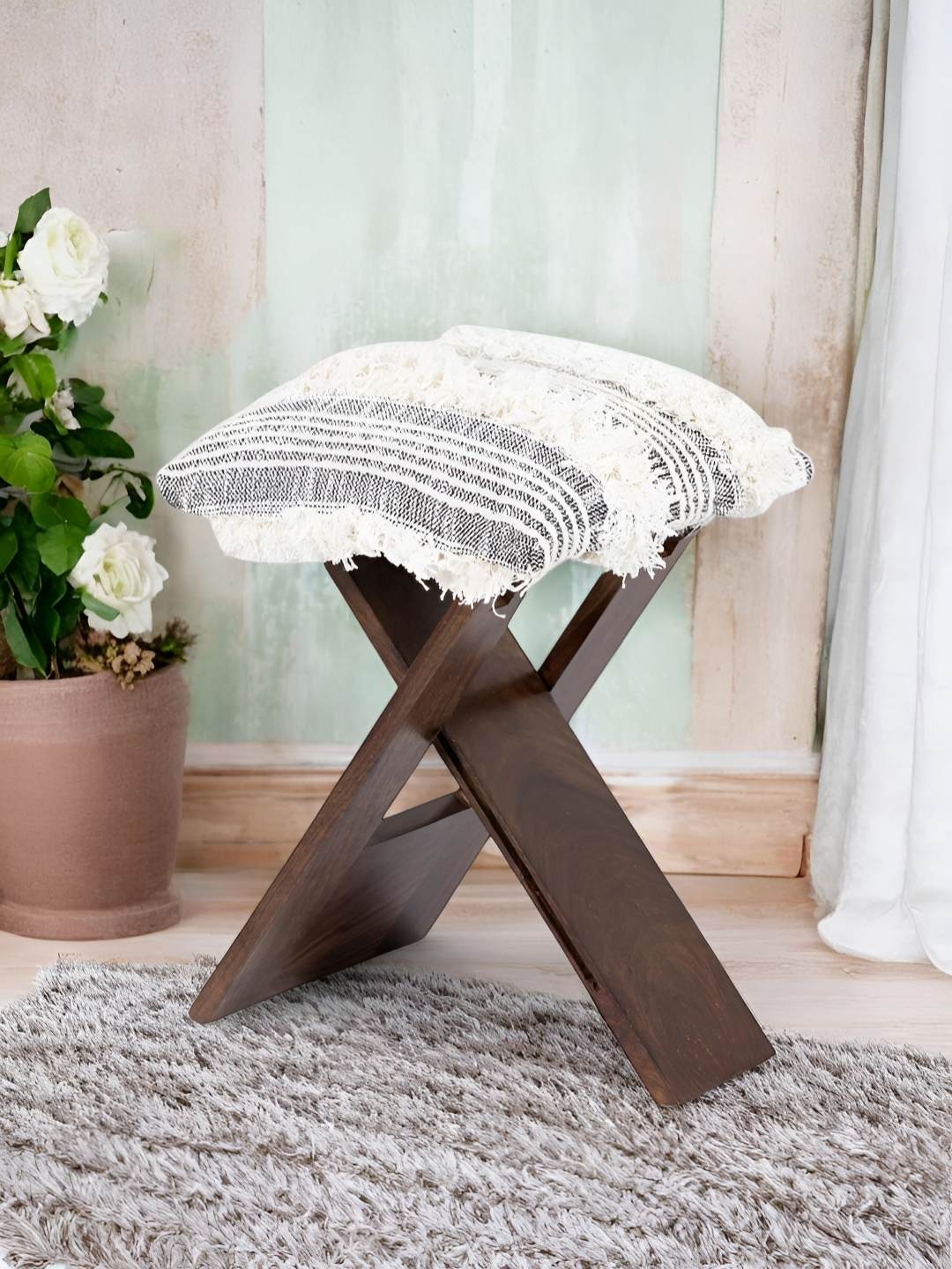 

Ikiriya Grey Sheesham Wood Square Foldable Stool With Fringes