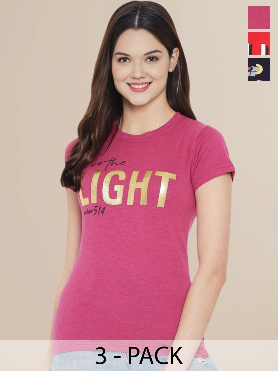 

Metronaut Women Pack Of 3 Typography Printed Round Neck Cotton T-shirts, Pink