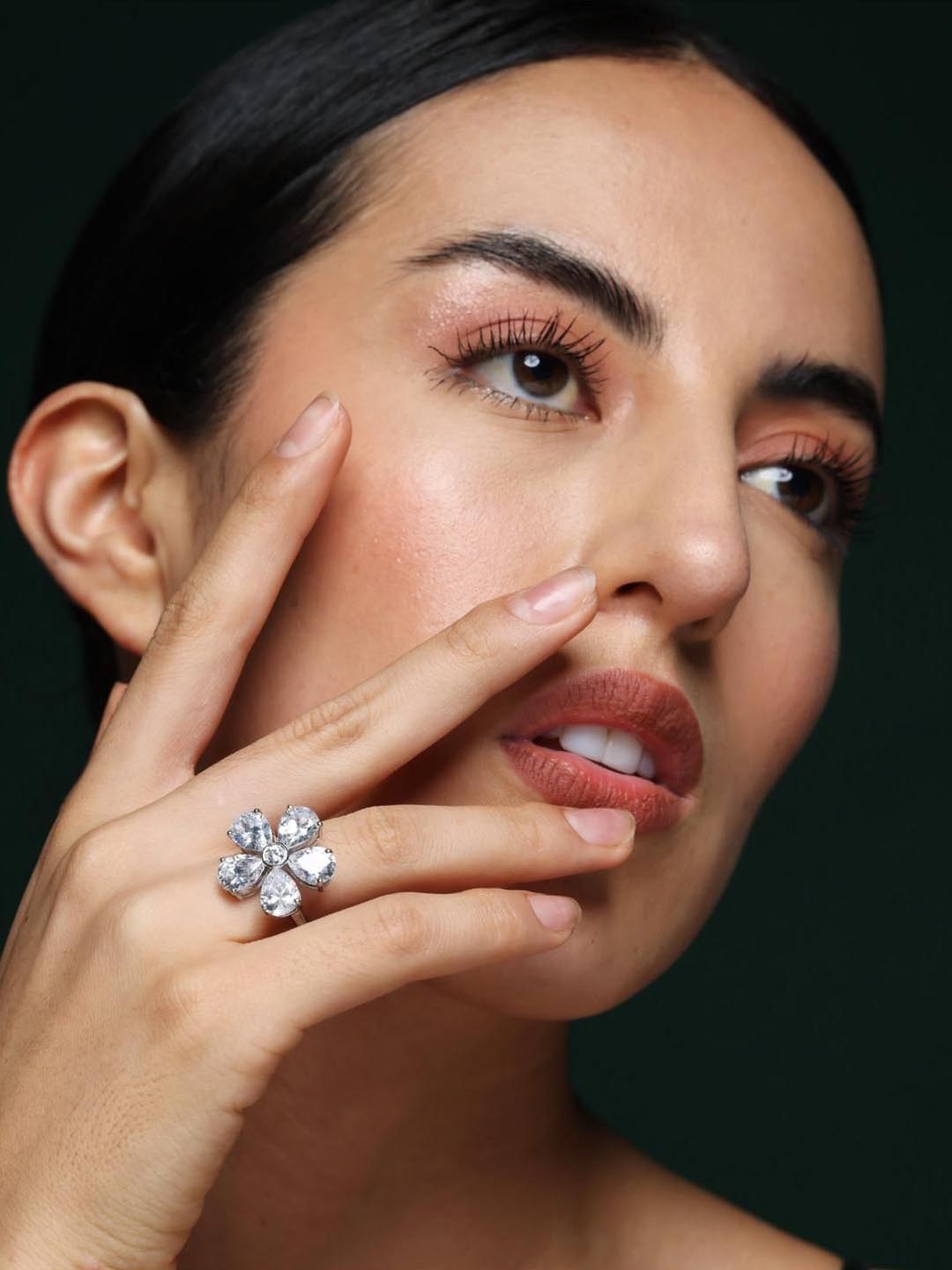 

Varnika Arora Rhodium-Plated CZ Stone Studded Petal Finger Ring, Silver