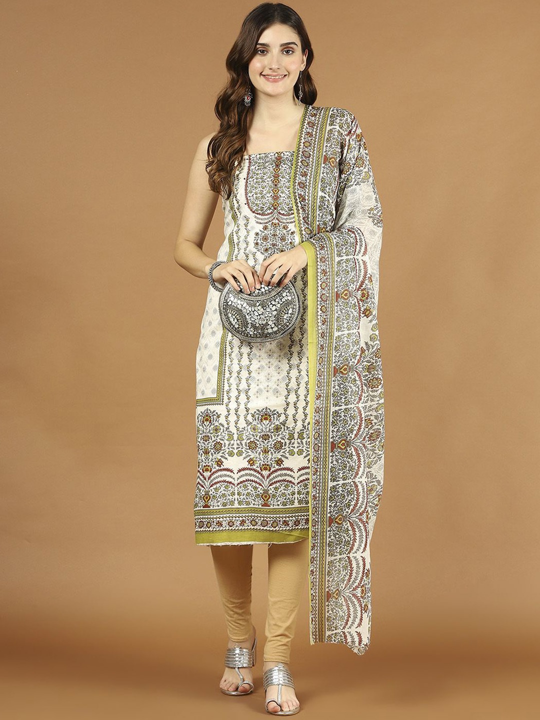 

Meena Bazaar Printed Unstitched Dress Material, Cream