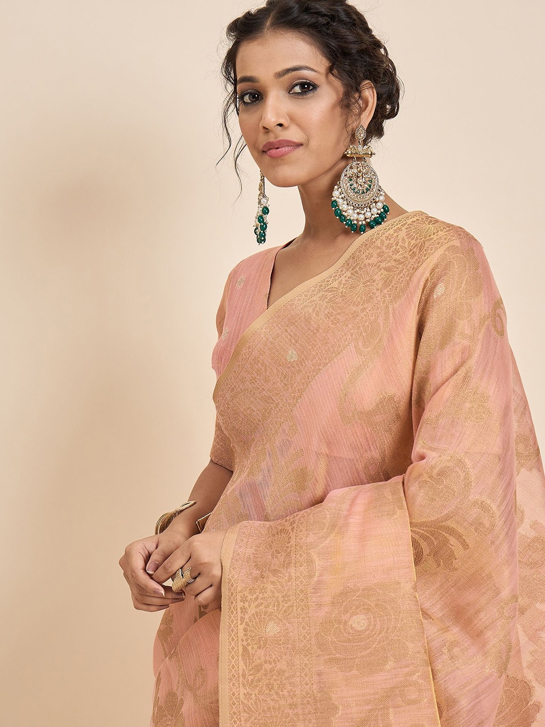 

Sangria Woven Design Banarasi Saree With Blouse Piece, Peach