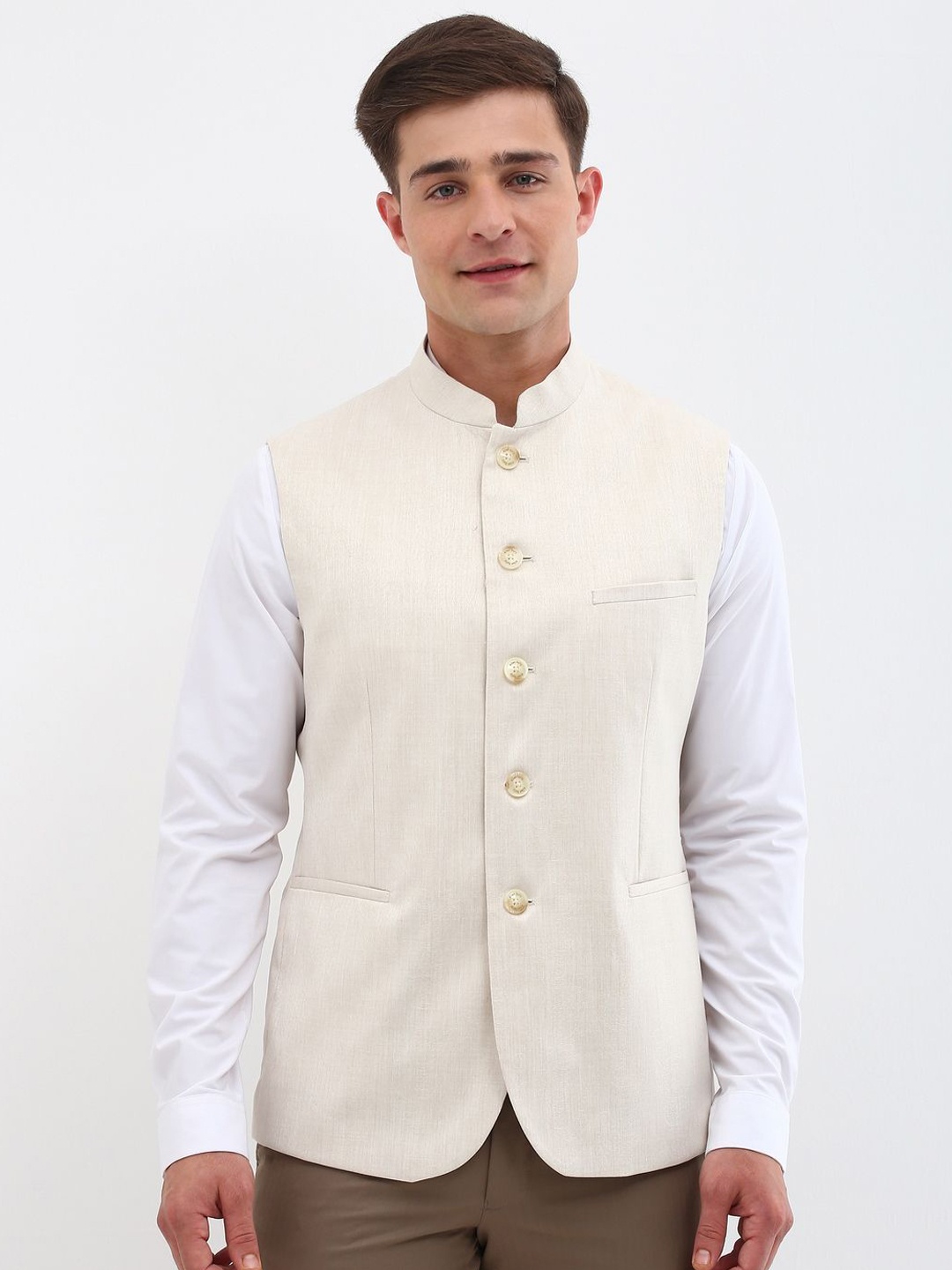 

Allen Solly Textured Slim-Fit Woven Nehru Jacket, Cream