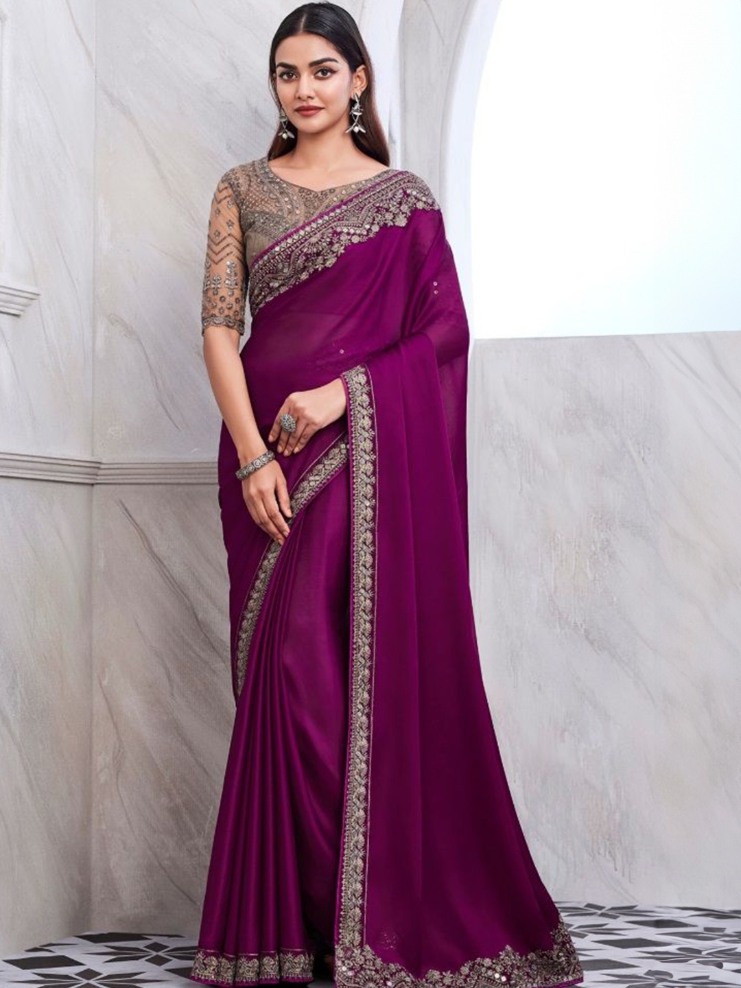 

Reboot Fashions Embroidered Satin Saree, Purple