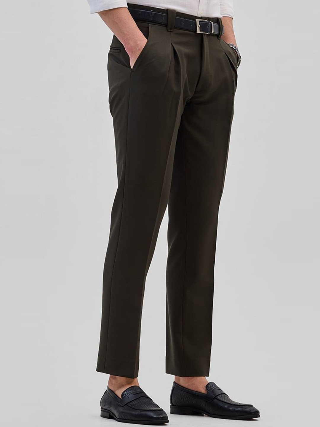 

Snitch Men Smart Slim Fit Pleated Trousers, Brown