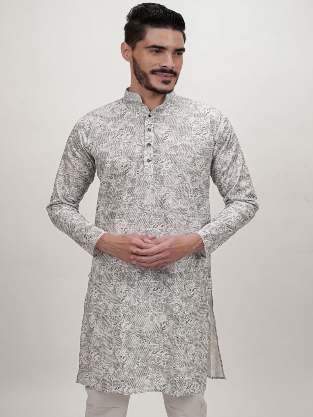 

DIOGO LOUIS Grey Cotton Linen Floral Printed Long Kurta for Men