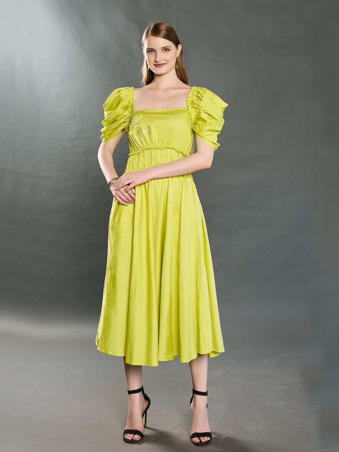 

ZILAIRE Puff Sleeve Fit & Flare Dress, Yellow