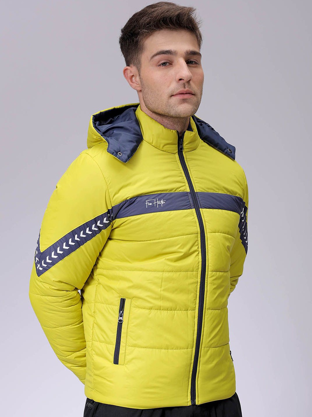 

The Indian Garage Co Men Colourblocked Puffer Jacket with Patchwork, Yellow