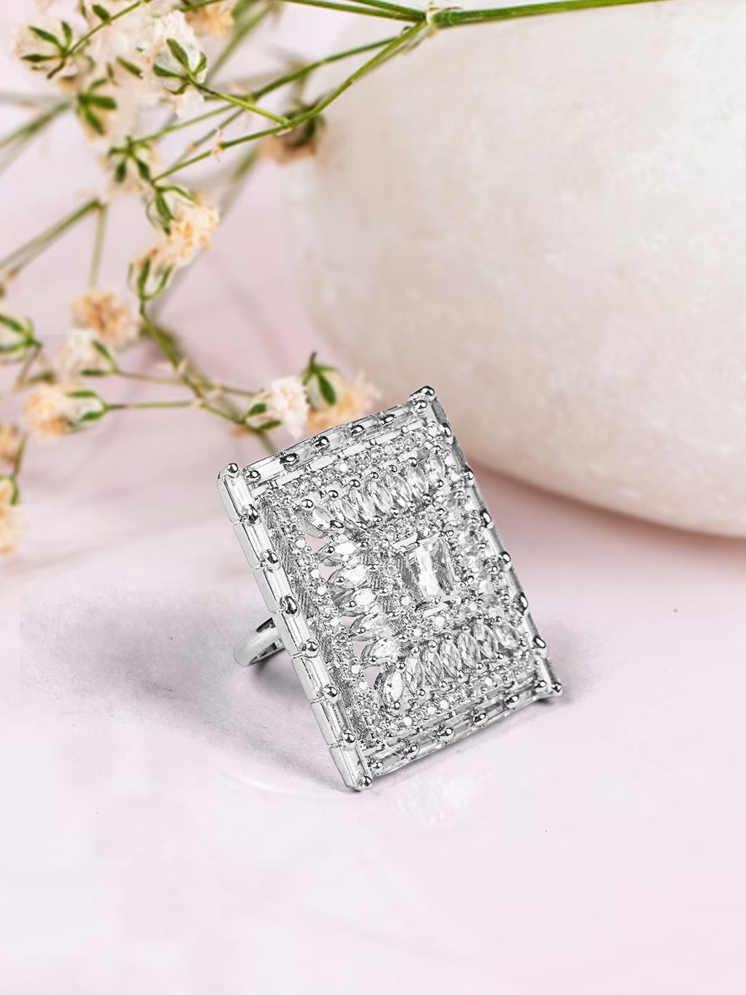 

Bamboo Silver-Plated AD-Studded Adjustable Finger Ring