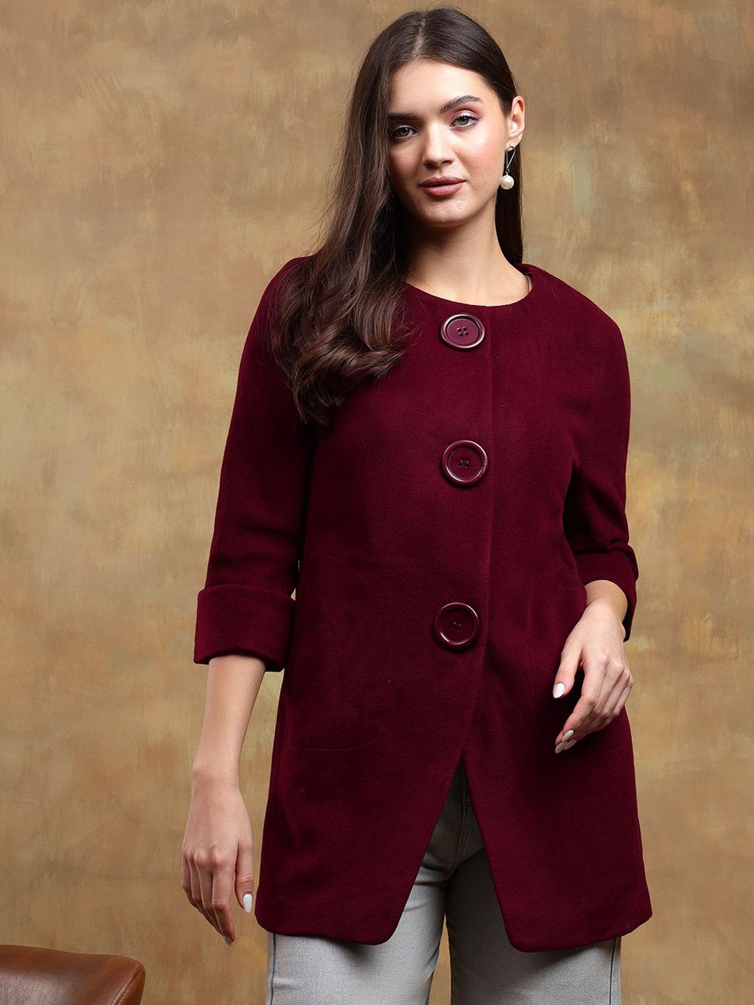 

Kotty Women Solid Overcoat with Mock Button, Maroon