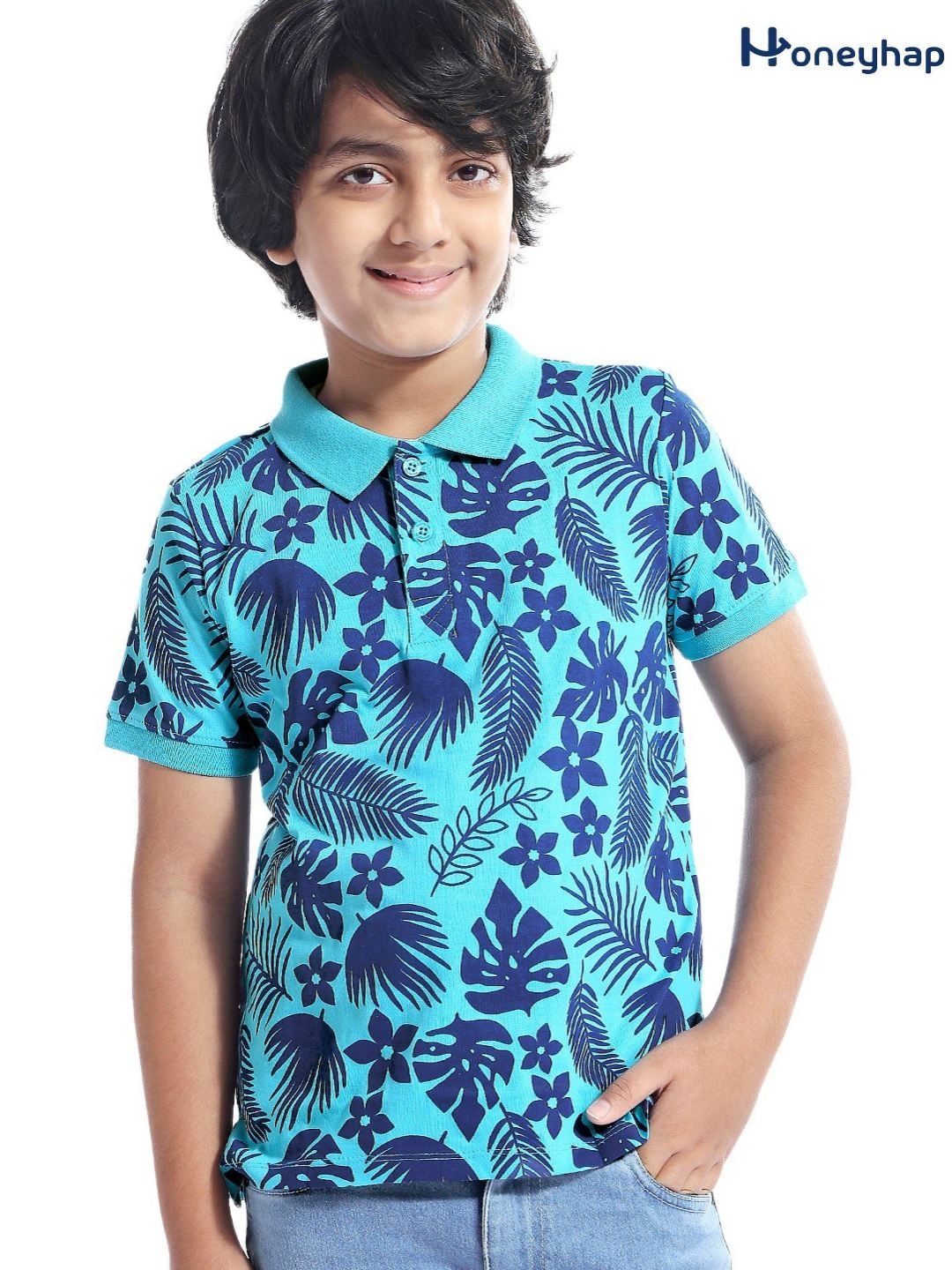 

Honeyhap Boys Floral Printed Polo Collar Tropical Pockets T-shirt, Peach