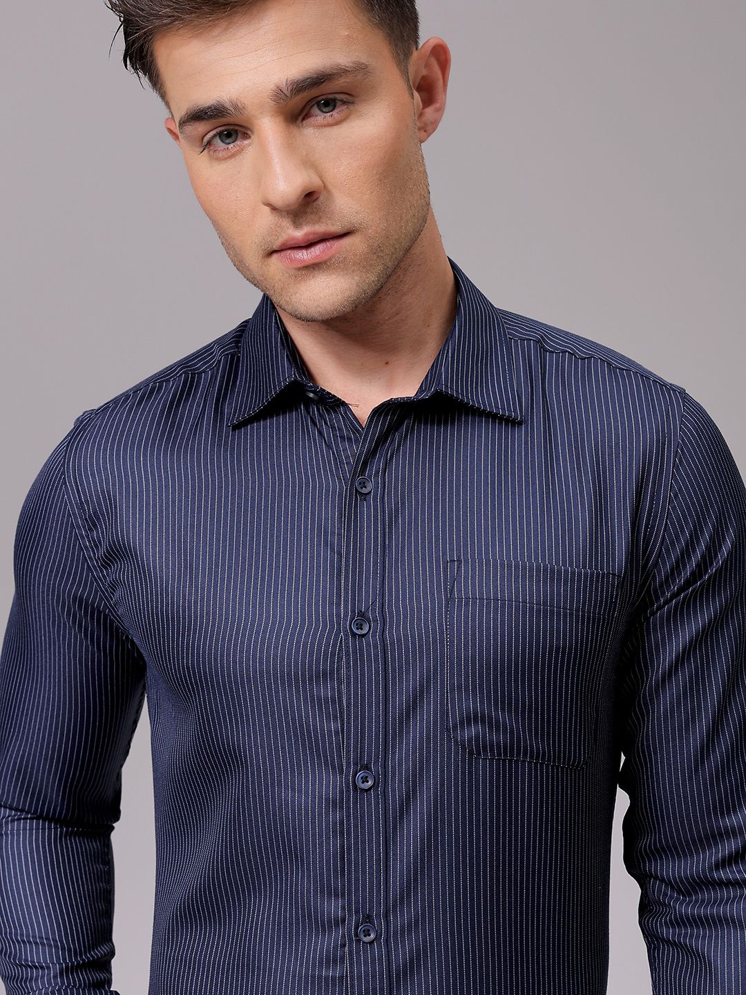 

The Indian Garage Co. X Luxe Men Slim Fit Multi Stripes Opaque Striped Formal Shirt, Navy blue