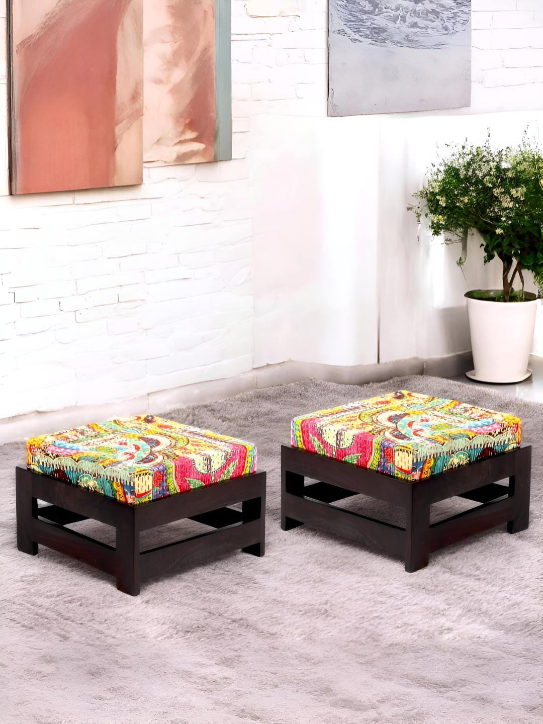 

Ikiriya 2-Pcs Yellow & Brown Printed Wooden Stools