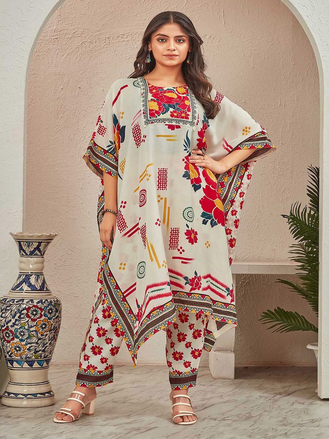 

PIRRA DESIGNS Floral Print Kimono Sleeve Kaftan Dress, Off white