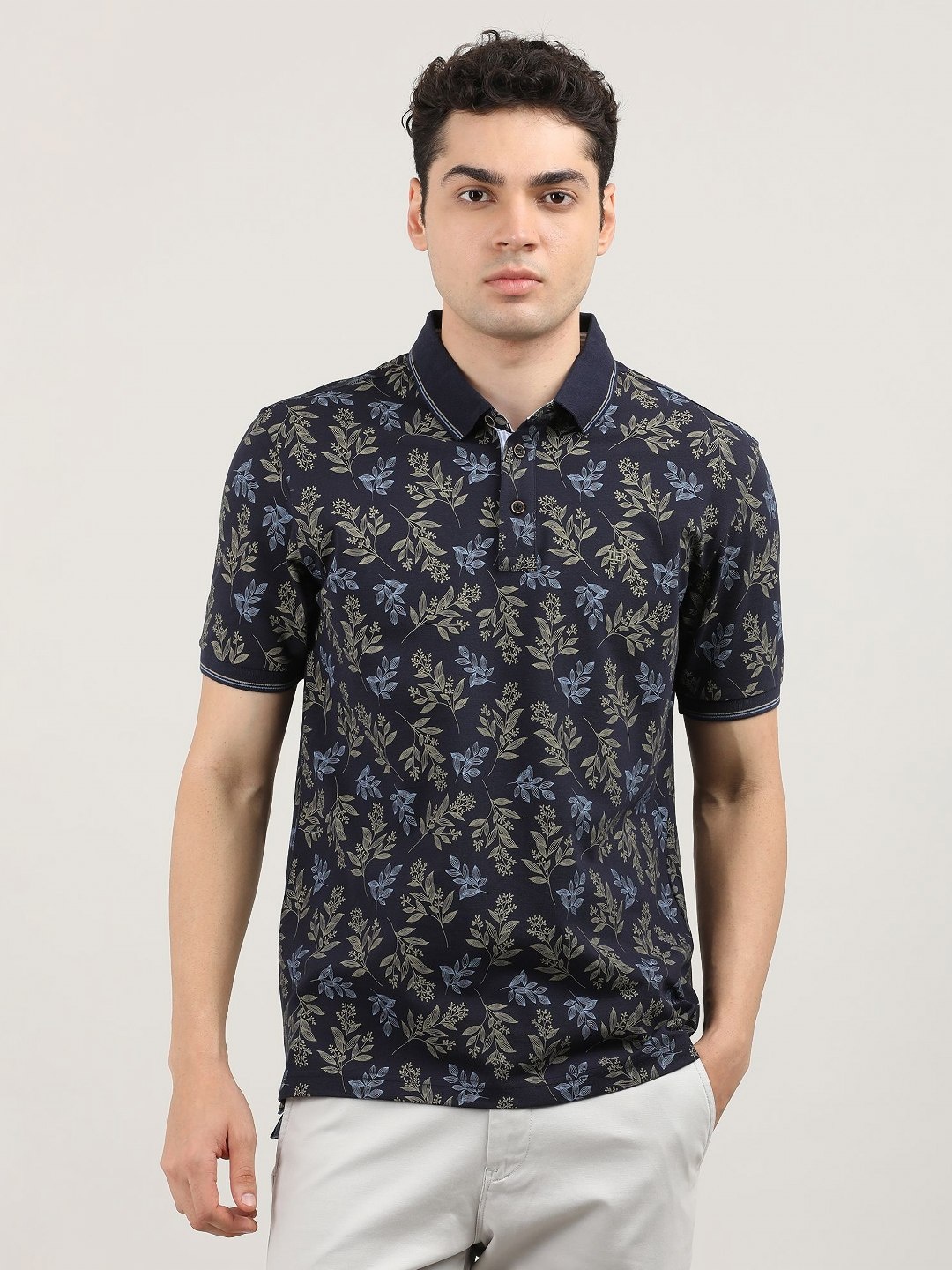 

DRAGON HILL Men Floral Printed Polo Collar Pockets Slim Fit T-shirt, Navy blue