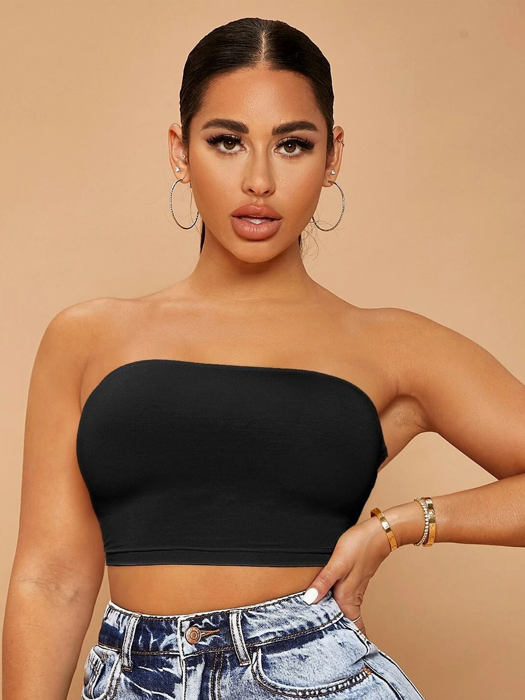 

Stylecast X Slyck Strapless Styled Back Waist Tie-Ups Crop Top, Black