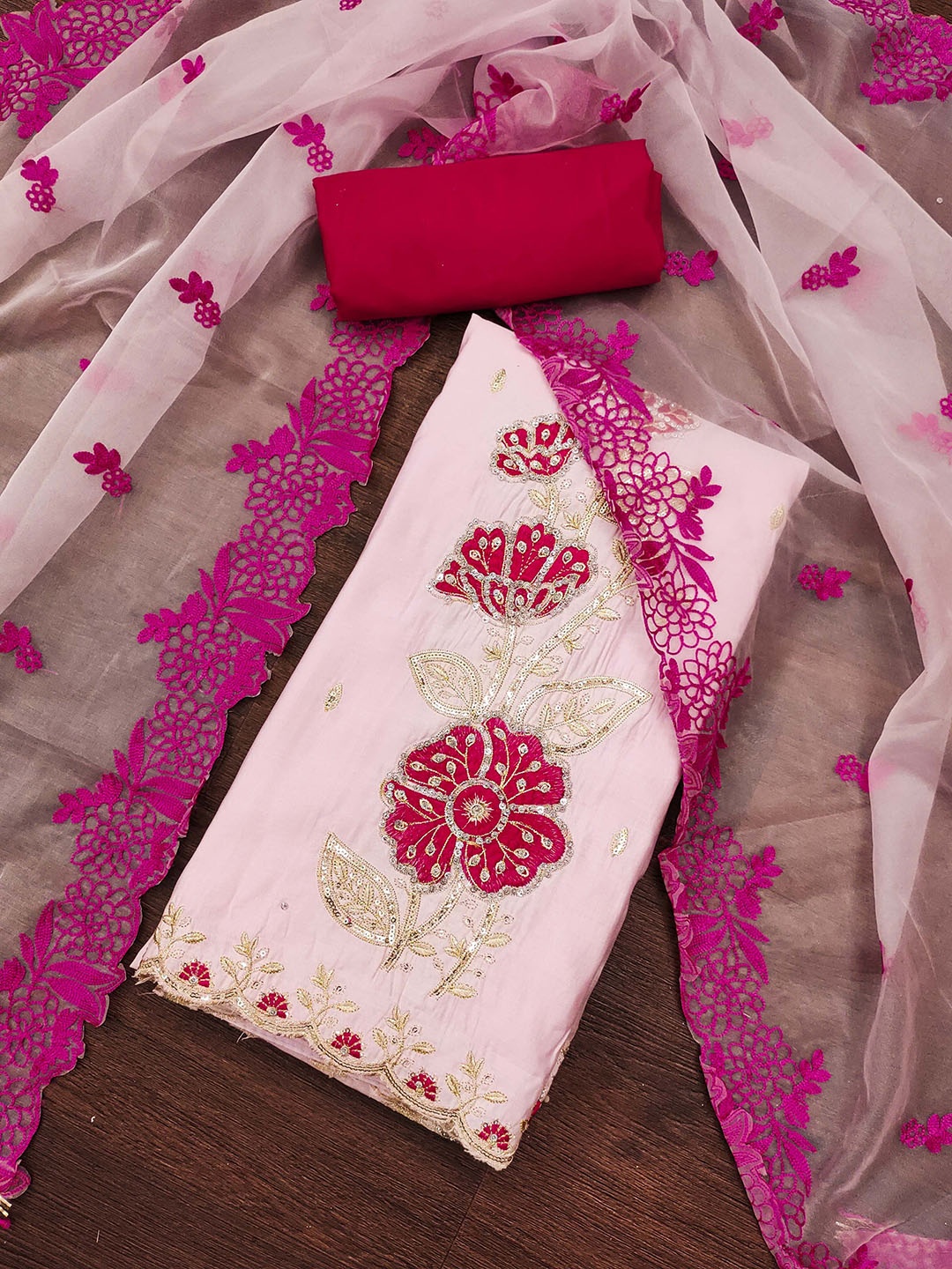 

KALINI Embroidered Pure Silk Unstitched Dress Material, Pink