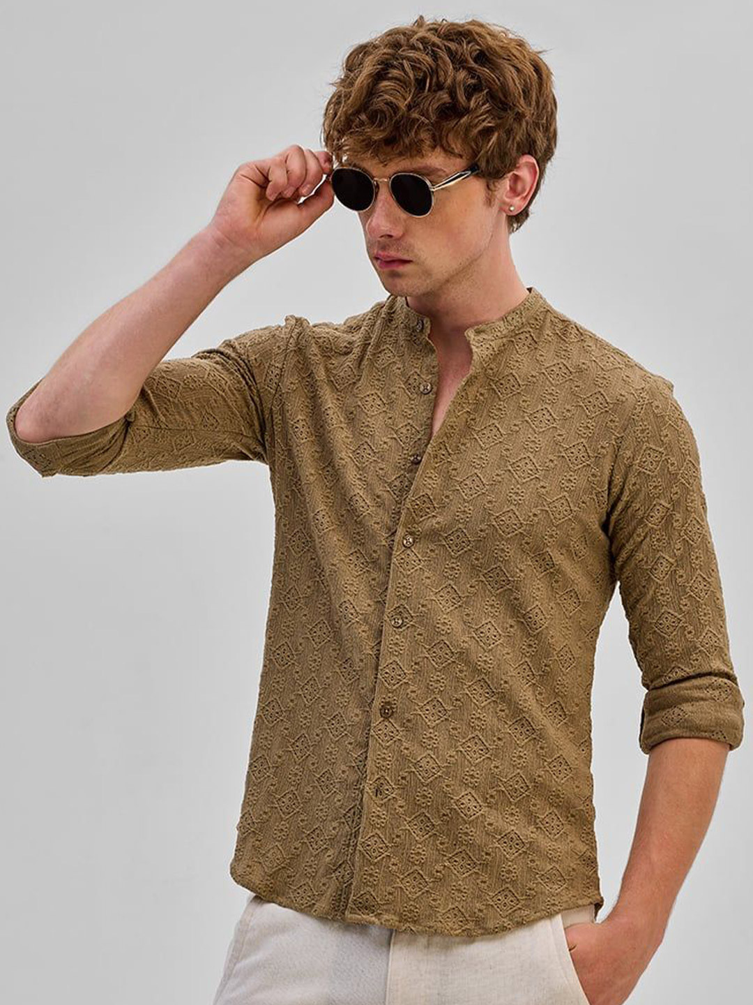 

Snitch Men Smart Band Collar Textured Slim Fit Casual Shirt, Brown