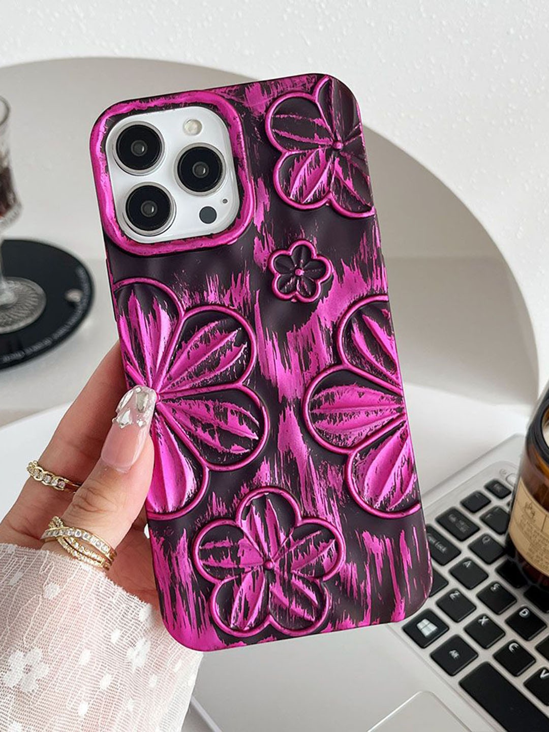 

Luxury Kase Floral Printed iPhone 14 Pro Back Case Mobile Accessories, Pink