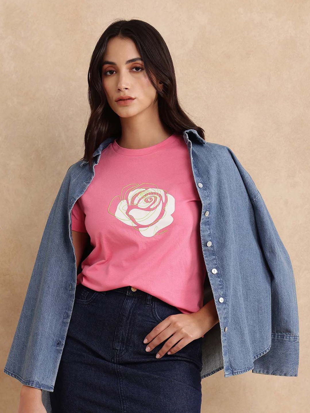 

RAREISM Women Floral Printed Raw Edge T-shirt, Pink