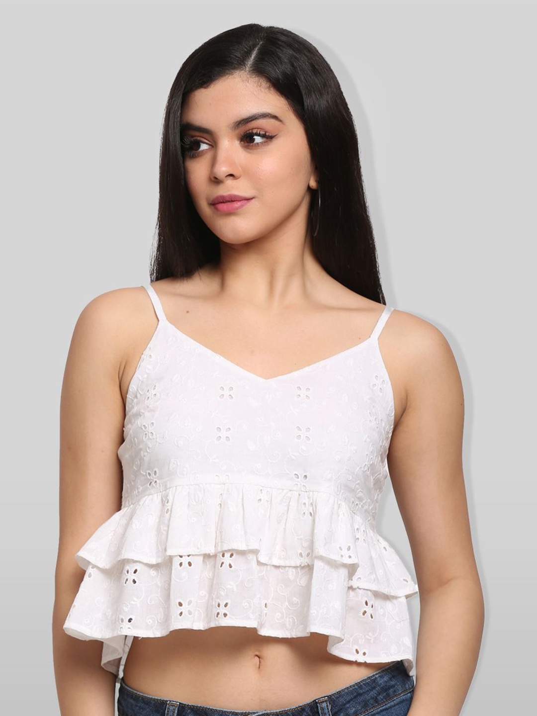 

all about you Women Cotton Schiffli Crop Tiered Top, White