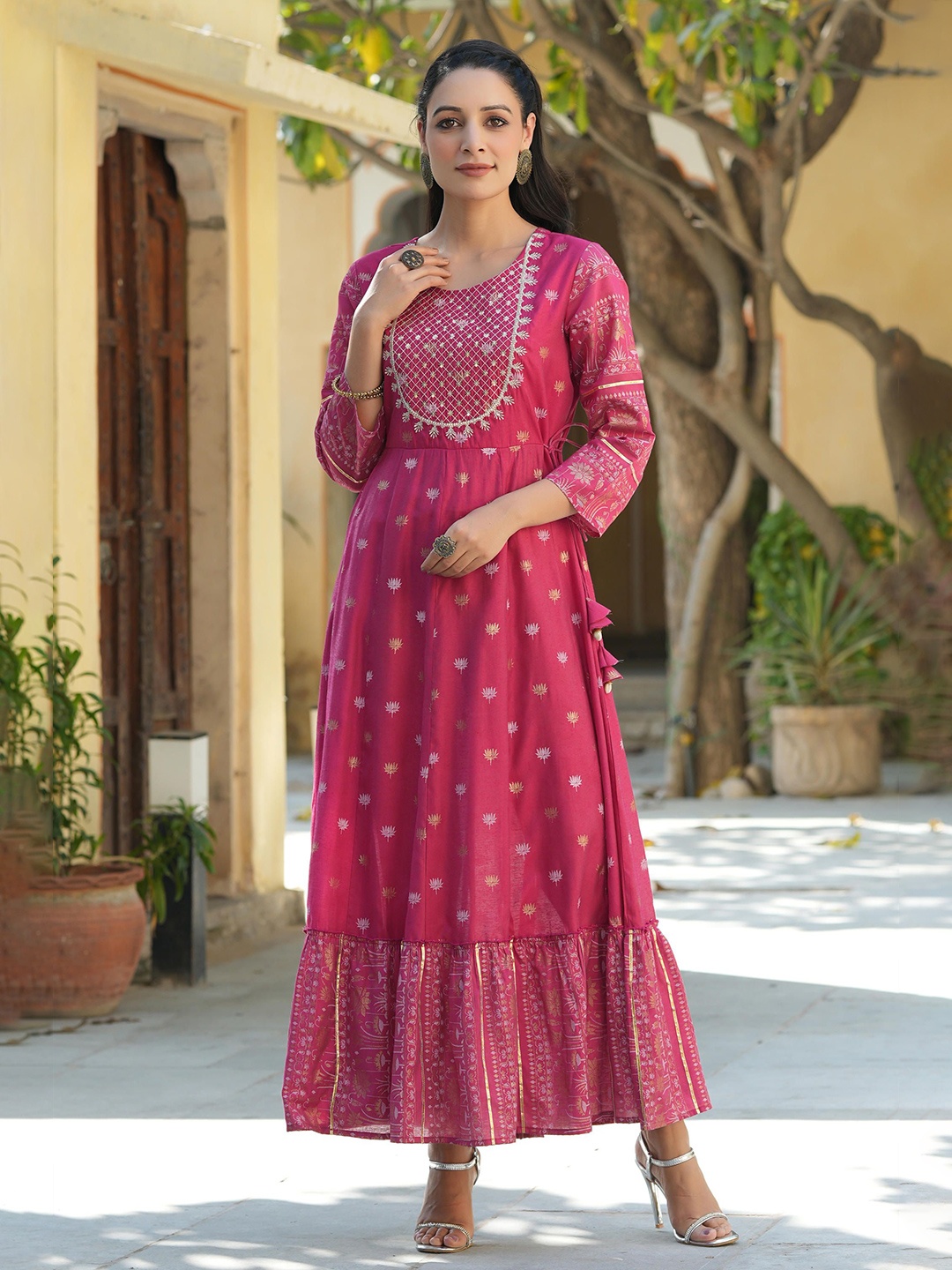 

Juniper Ethnic Motifs Print A-Line Maxi Dress, Fuchsia
