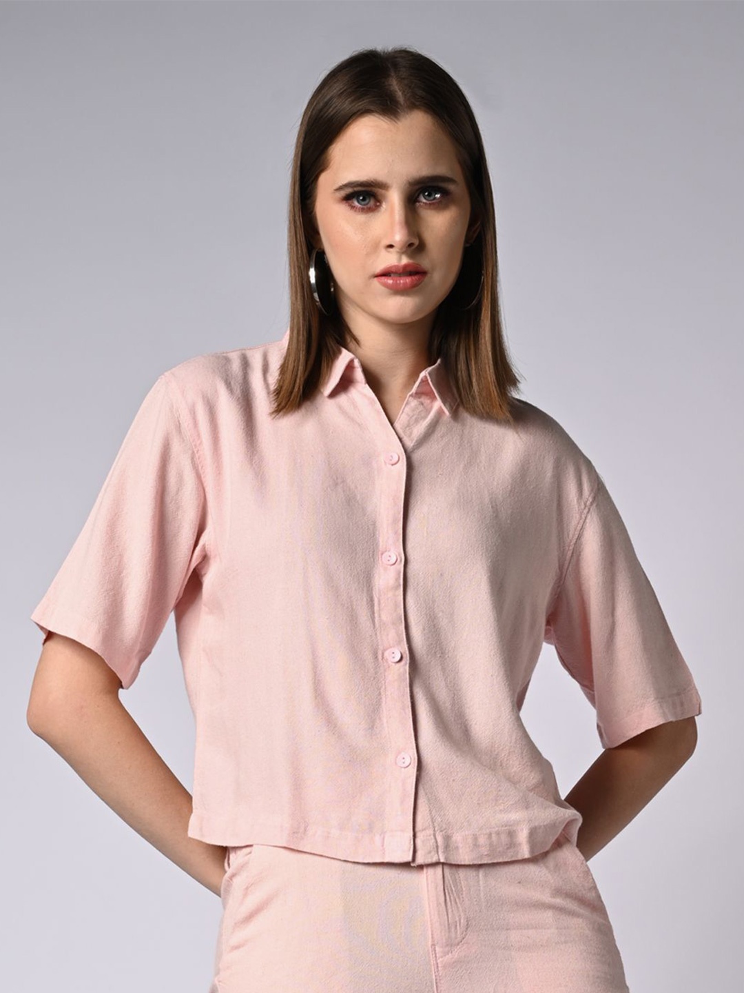 

Kraus Jeans Women Spread Collar Solid Slim Fit Casual Shirt, Pink