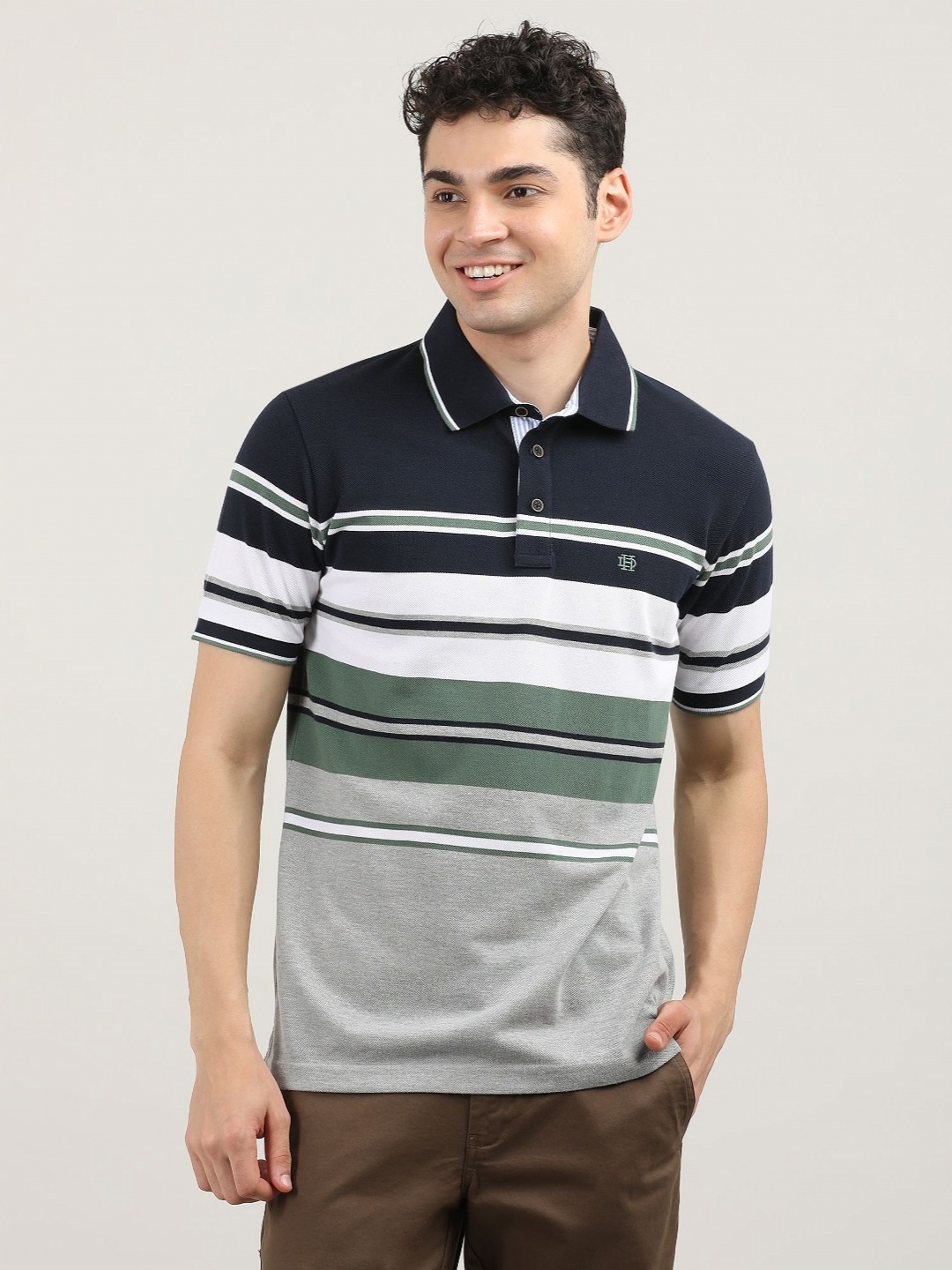 

DRAGON HILL Men Striped Polo Collar Pockets Slim Fit T-shirt, Navy blue