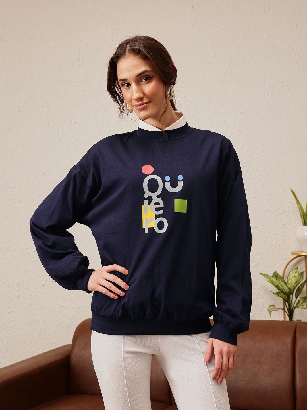 

QUIERO Women Printed Drop-Shoulder Sleeves Bio Finish T-shirt, Navy blue